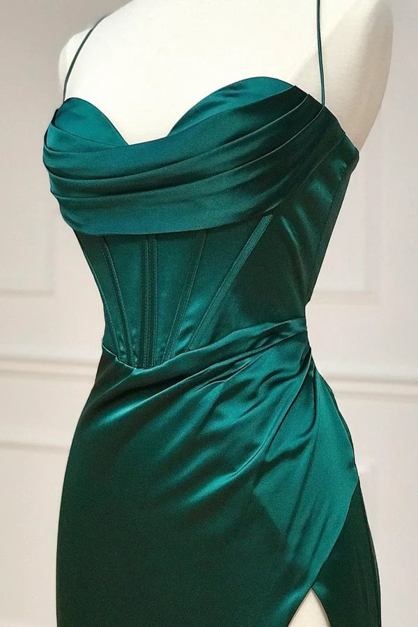 Wholesale Green Satin Long Prom Dress Simple Lace-Up Evening Party Dress